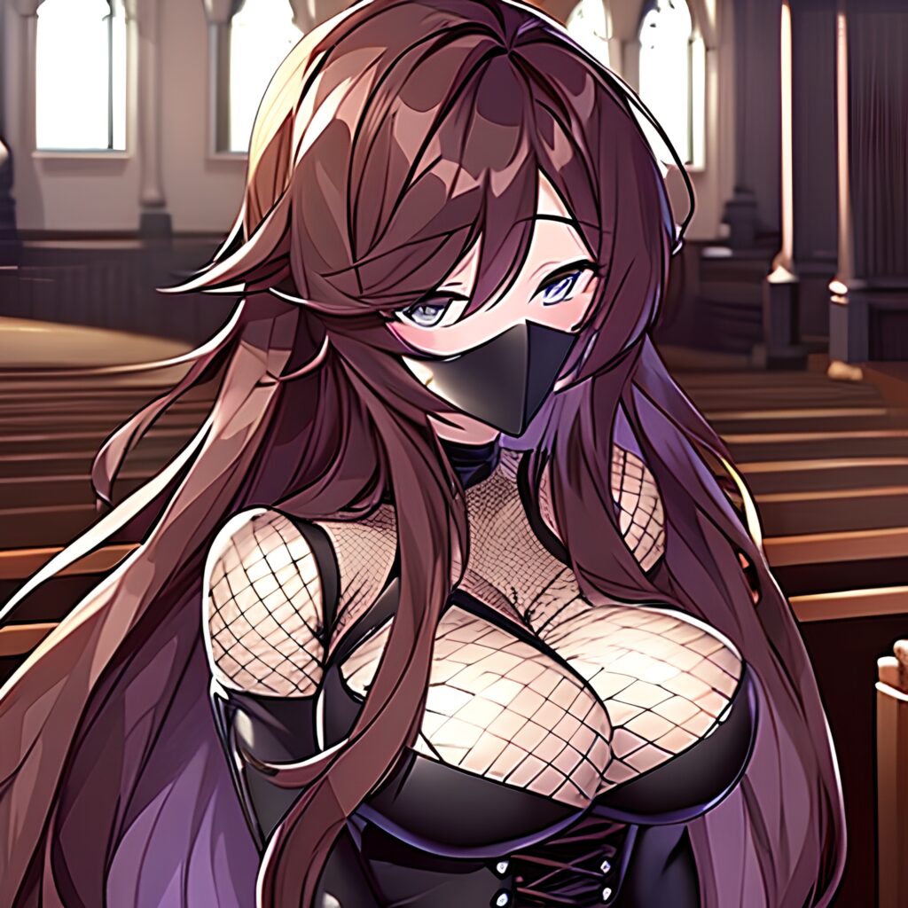 long hair fishnet church messy hair brunette woman 