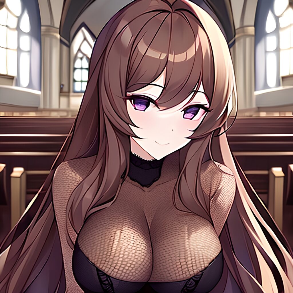 long hair fishnet church messy hair brunette woman