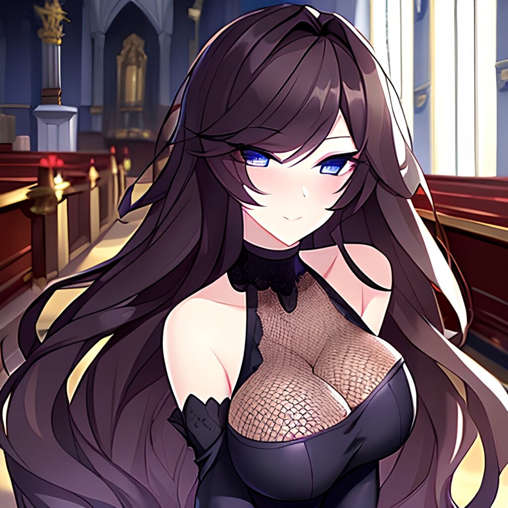 long hair fishnet church messy hair brunette woman