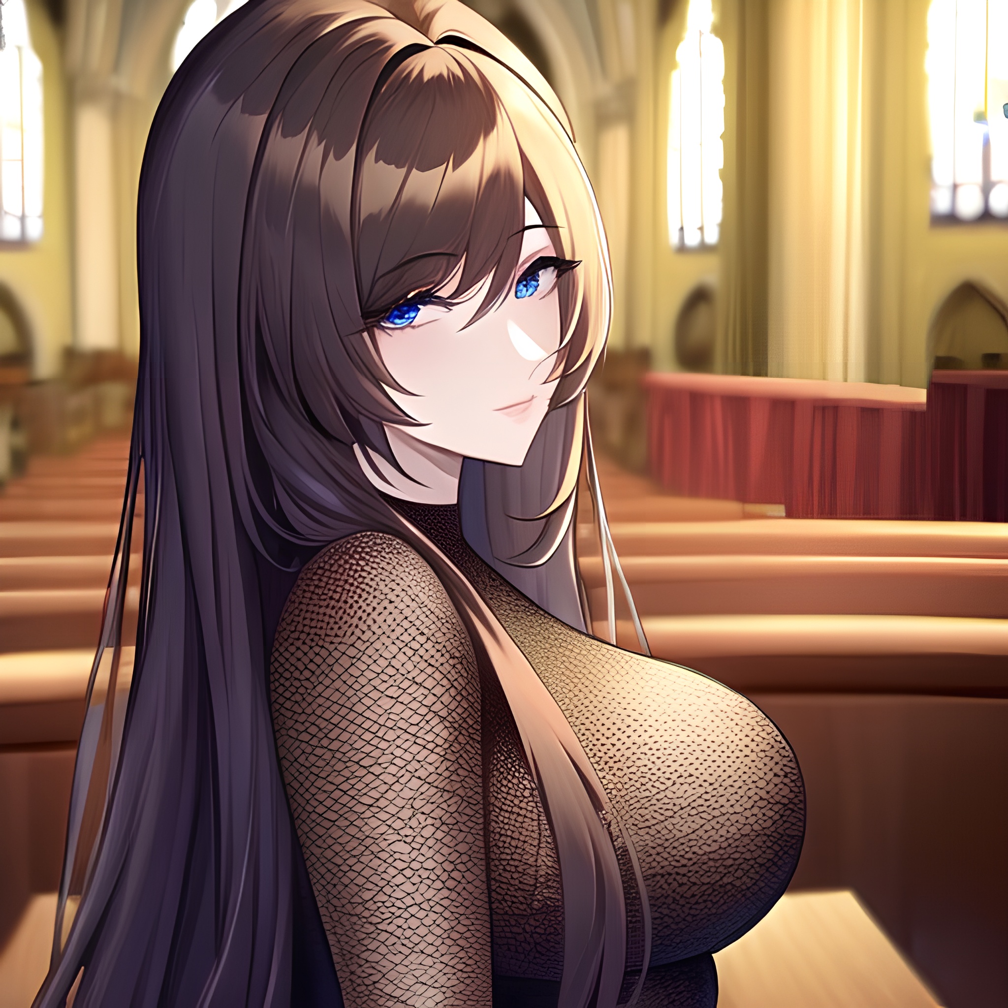 long hair fishnet church messy hair brunette woman 