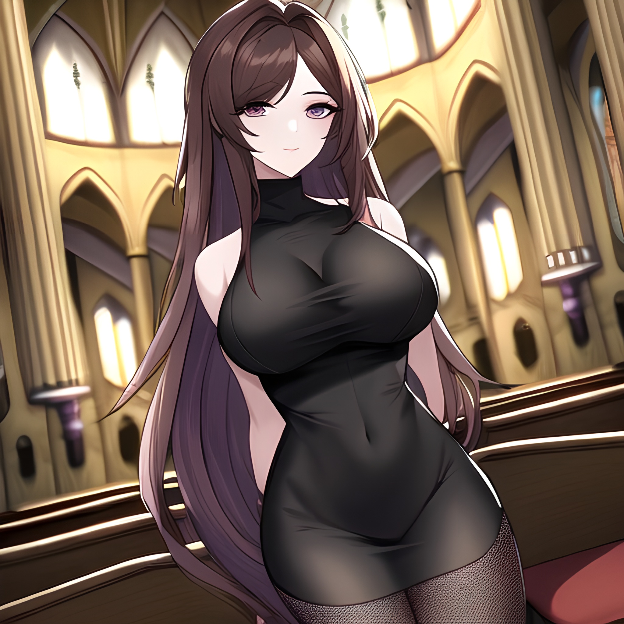 long hair fishnet church messy hair woman brunette 