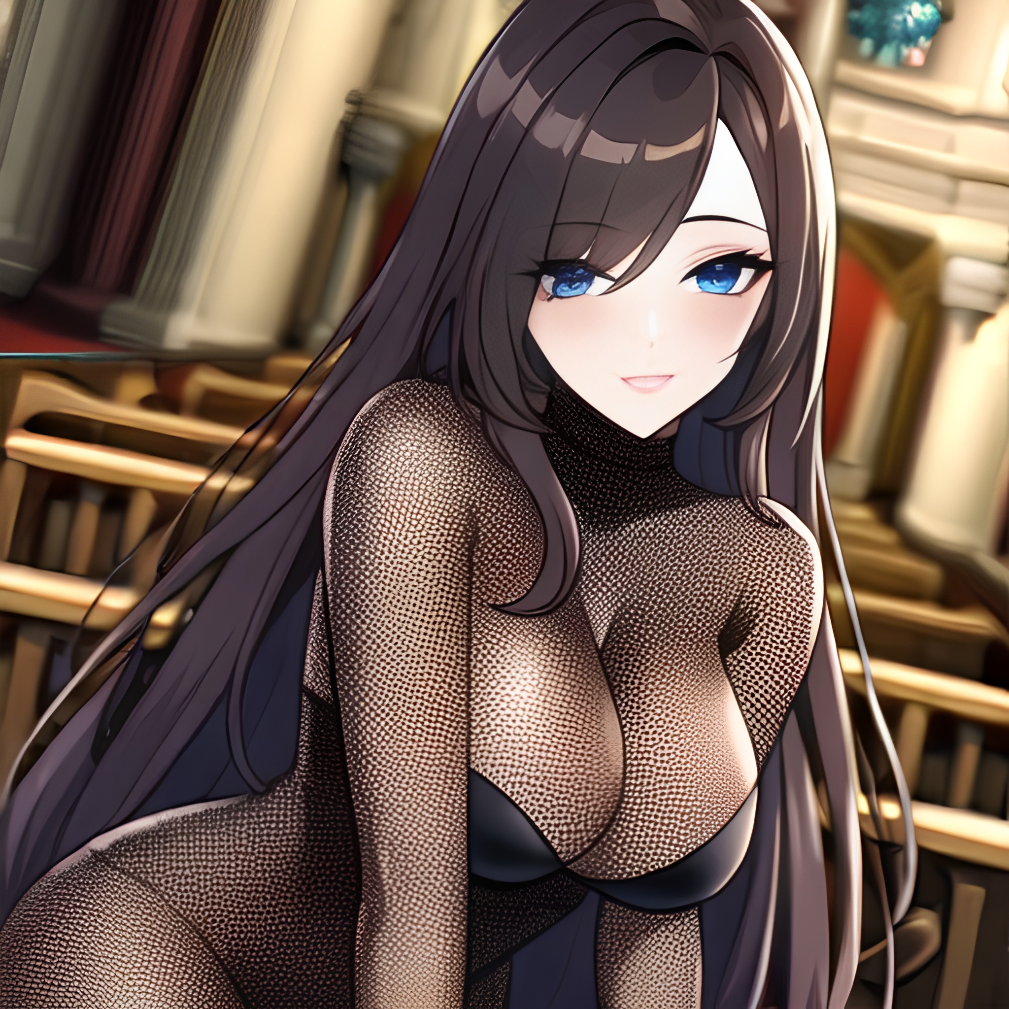 long hair fishnet church messy hair woman brunette 