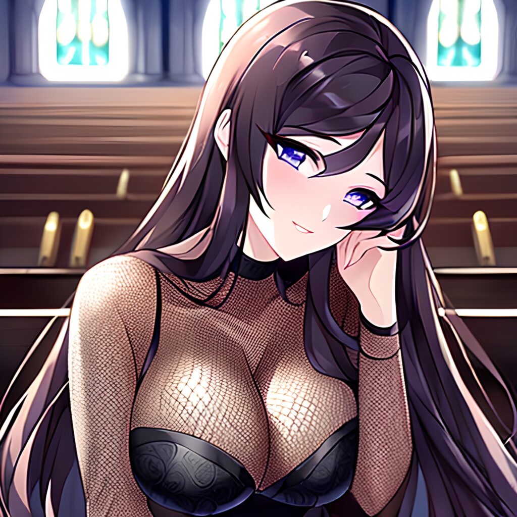 long hair fishnet church woman brunette messy hair