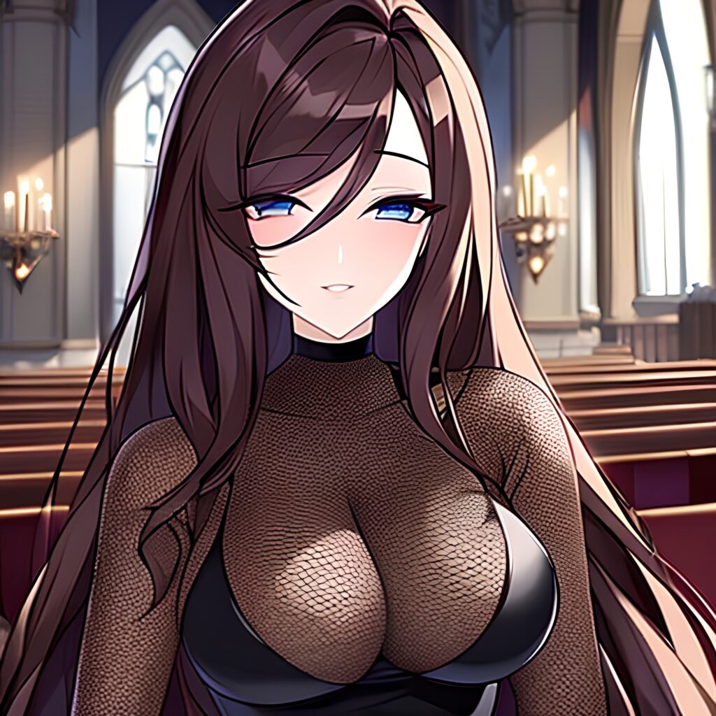 long hair fishnet church woman brunette messy hair 