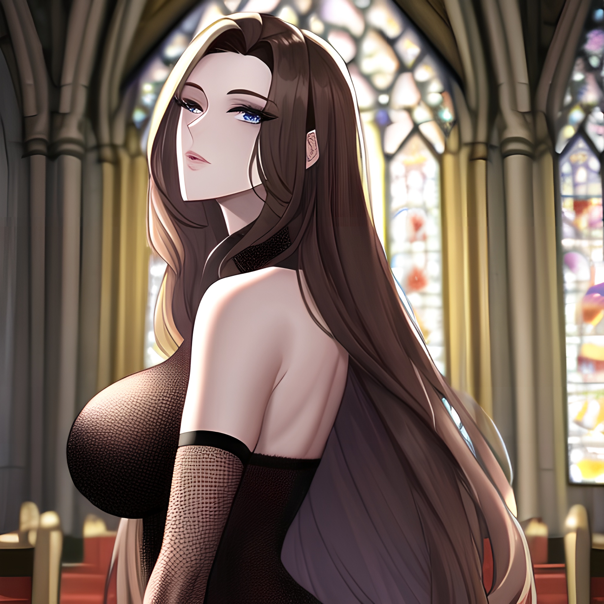 long hair fishnet church woman brunette messy hair
