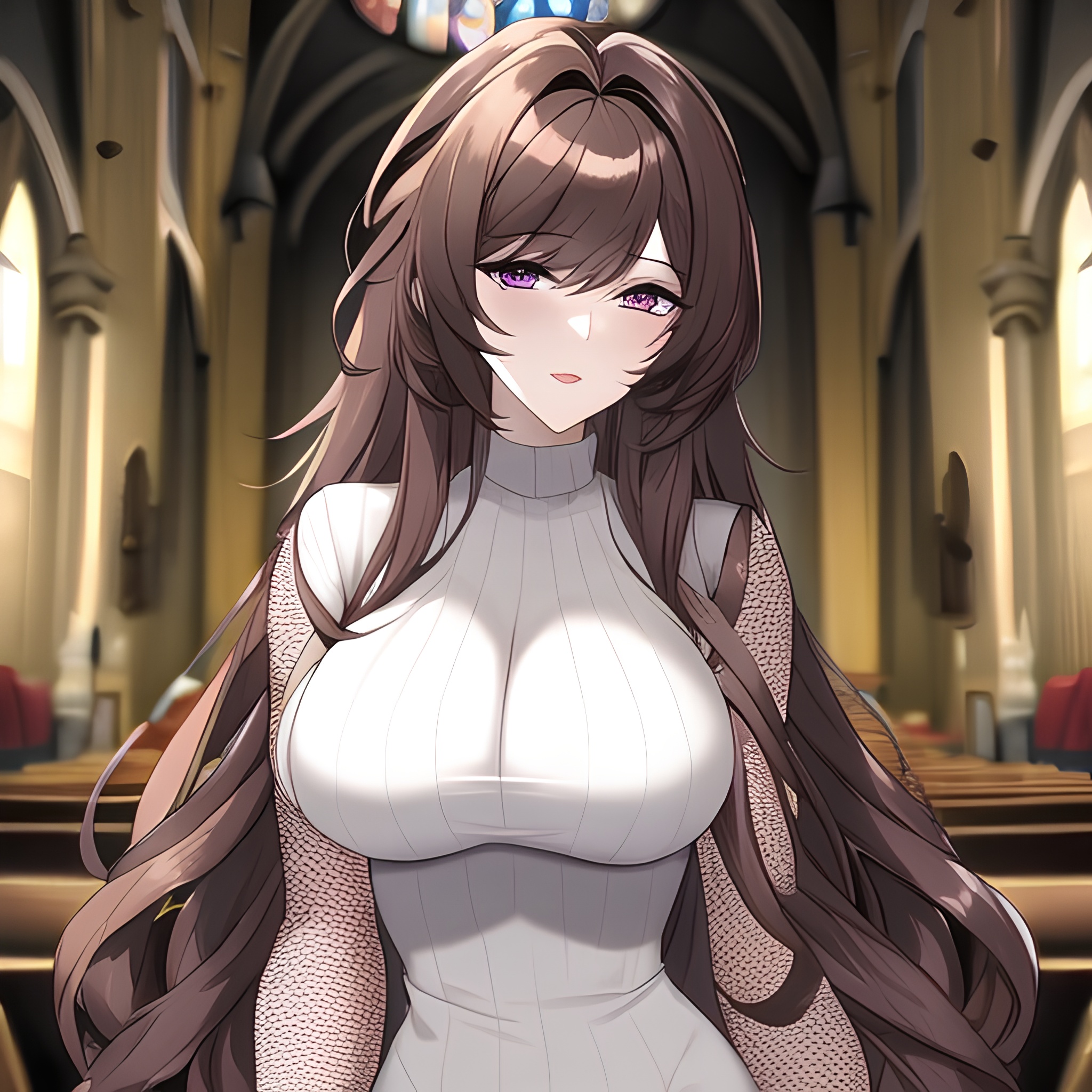 long hair fishnet church woman brunette messy hair 
