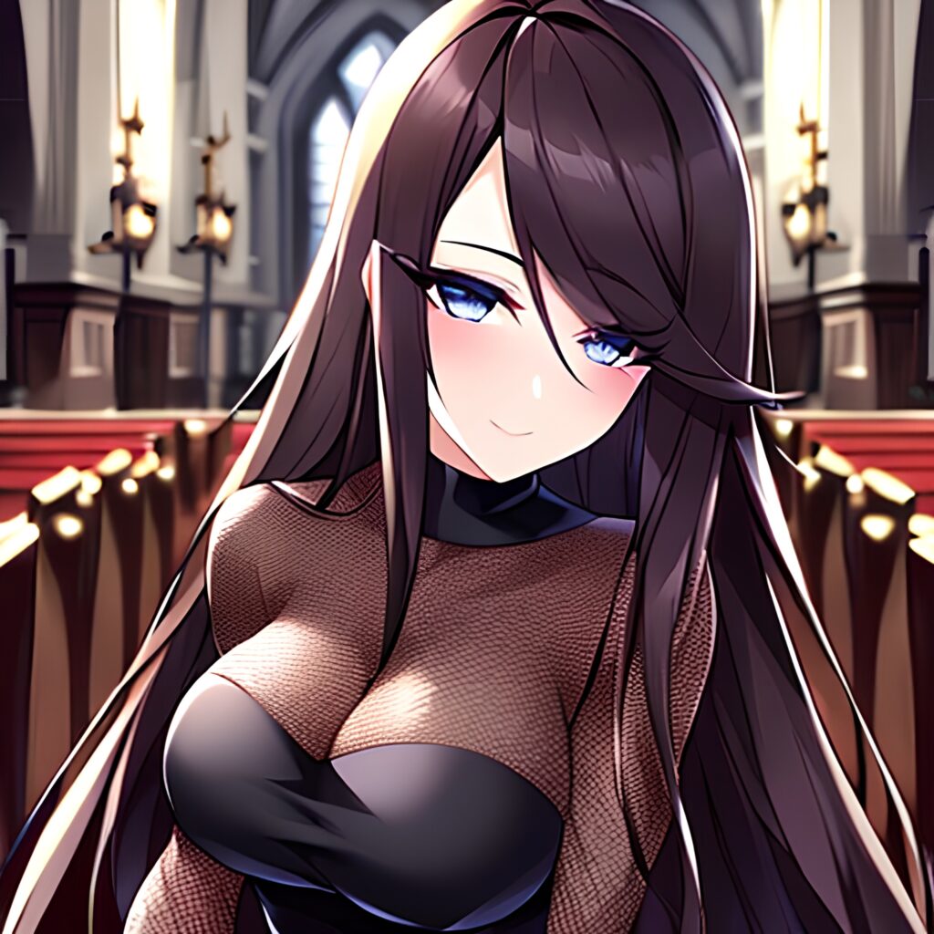 long hair fishnet church woman brunette messy hair