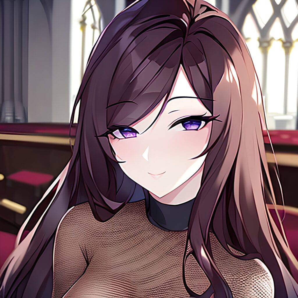 long hair fishnet church woman messy hair brunette