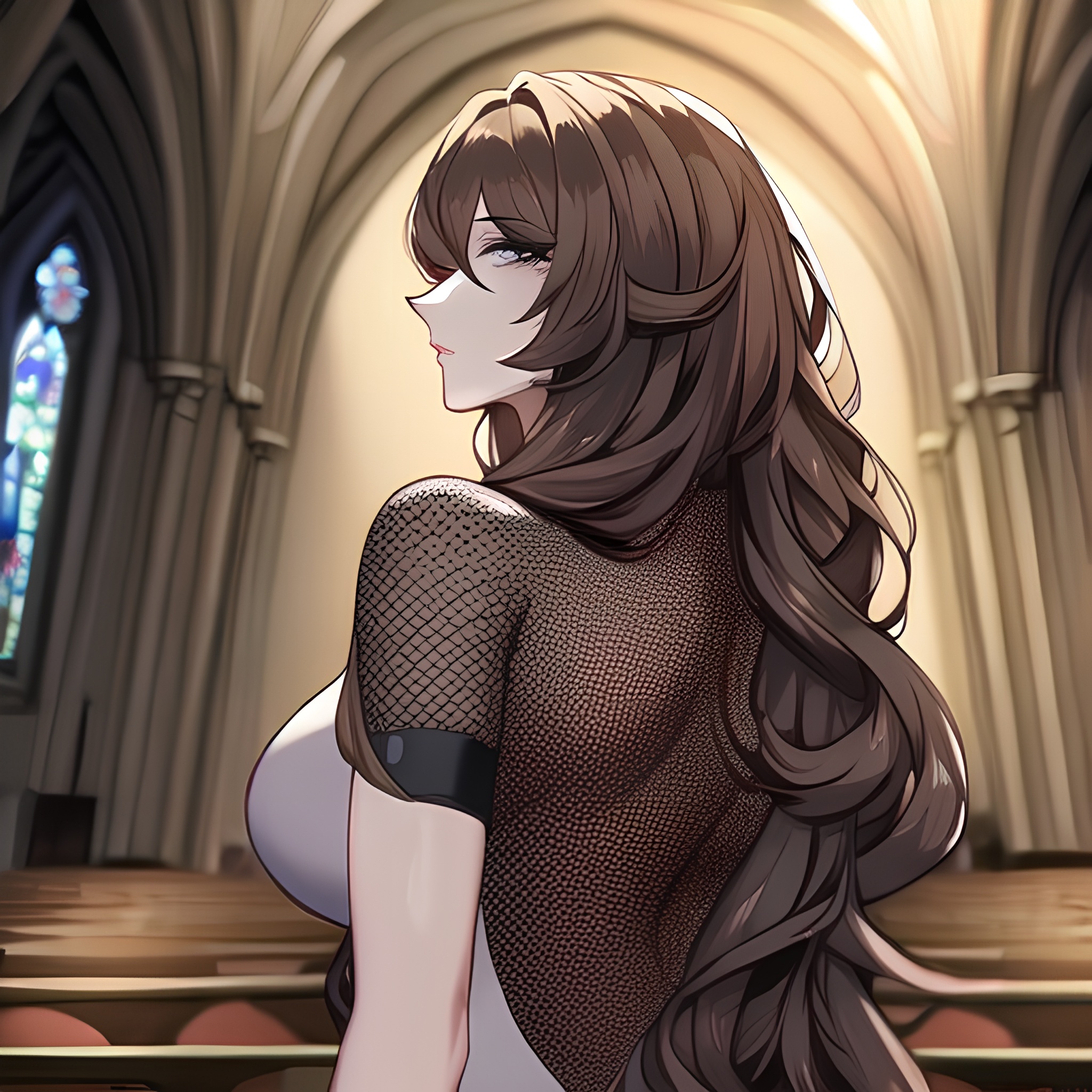 long hair fishnet church woman messy hair brunette