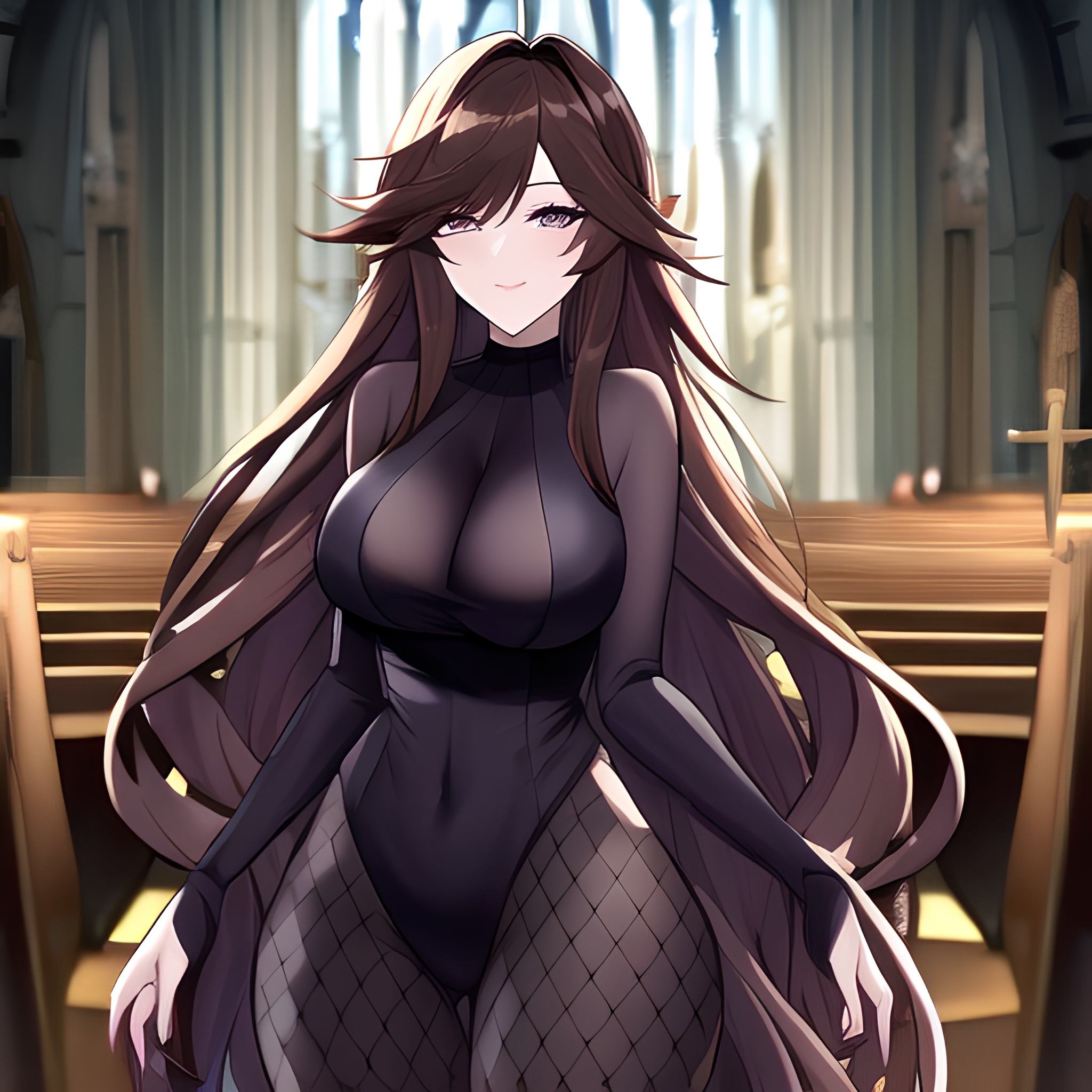 long hair fishnet church woman messy hair brunette 
