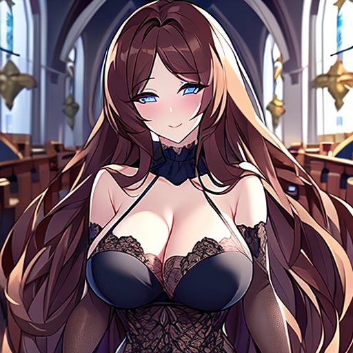 long hair fishnet church woman messy hair brunette 