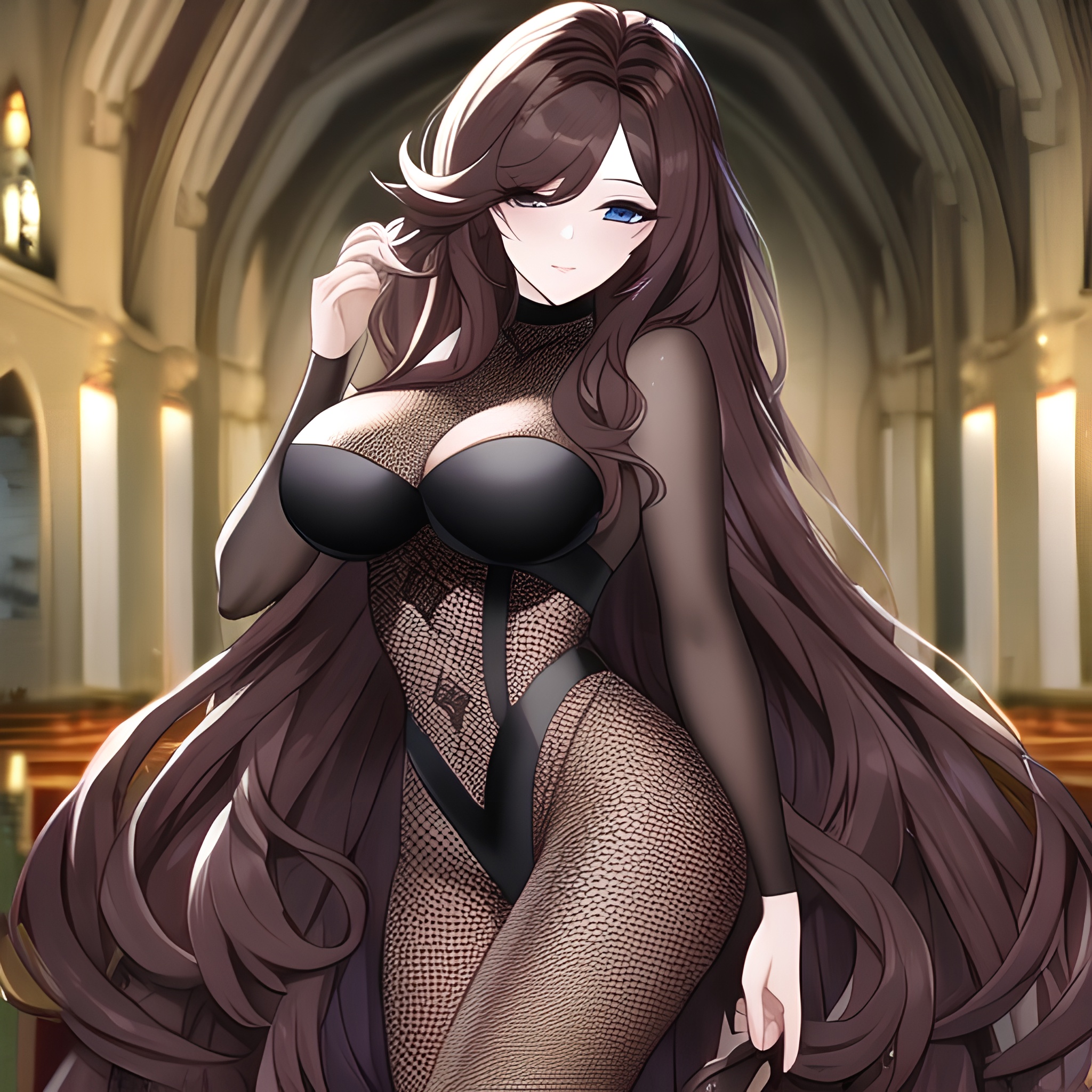 long hair fishnet messy hair brunette church woman 