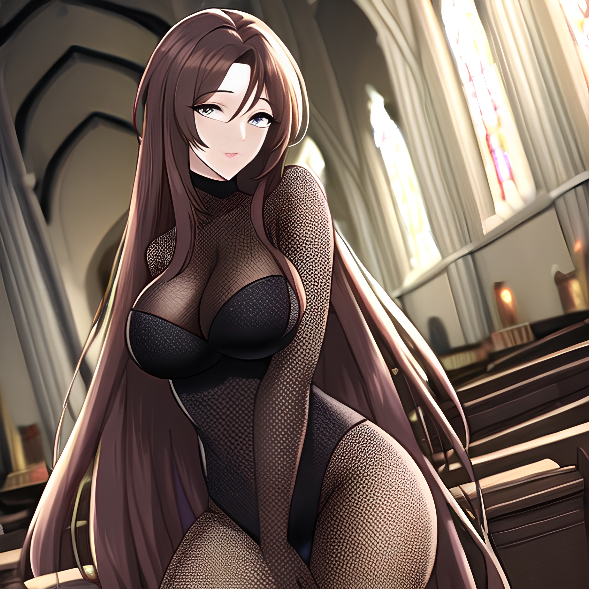 long hair fishnet messy hair brunette church woman