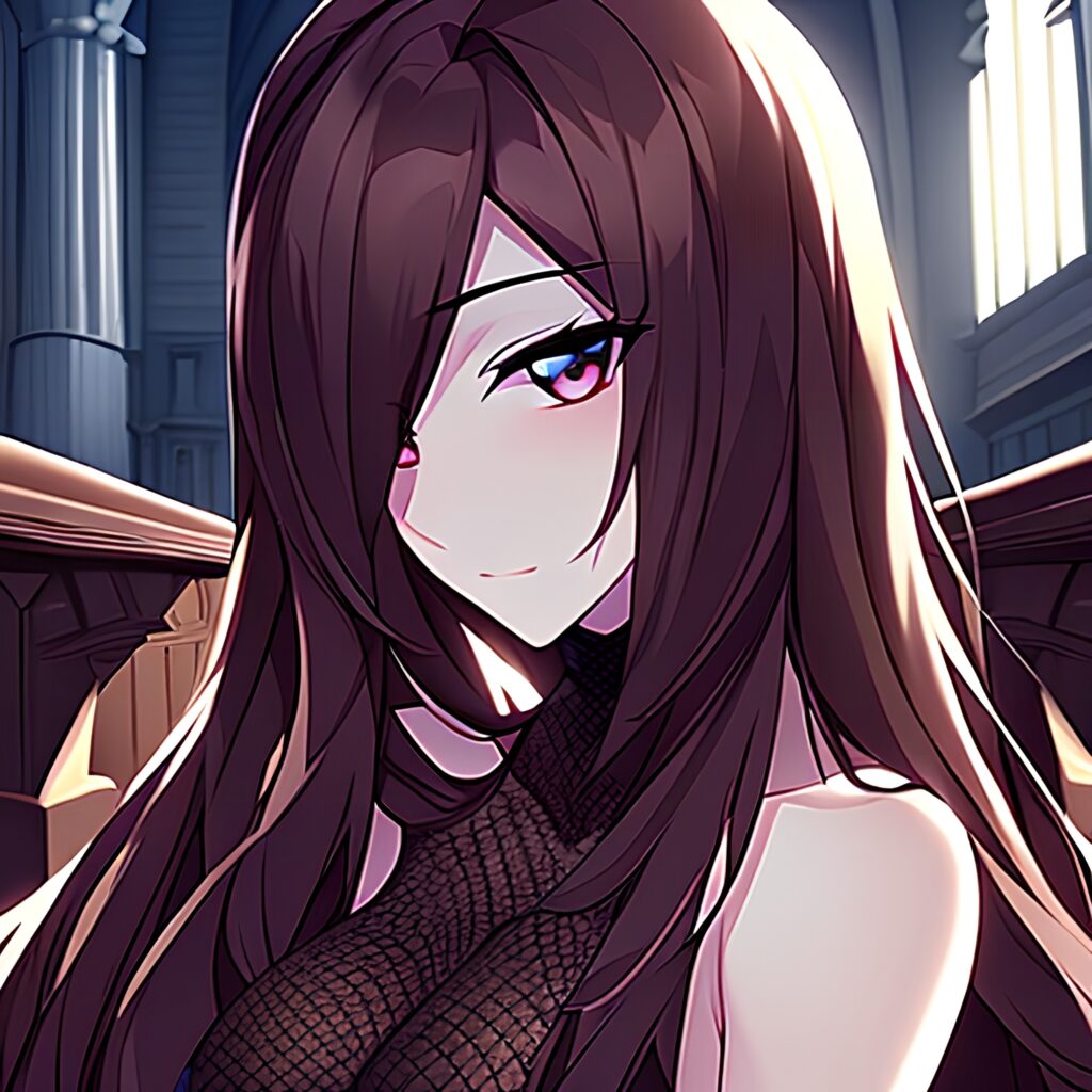long hair fishnet messy hair brunette church woman 