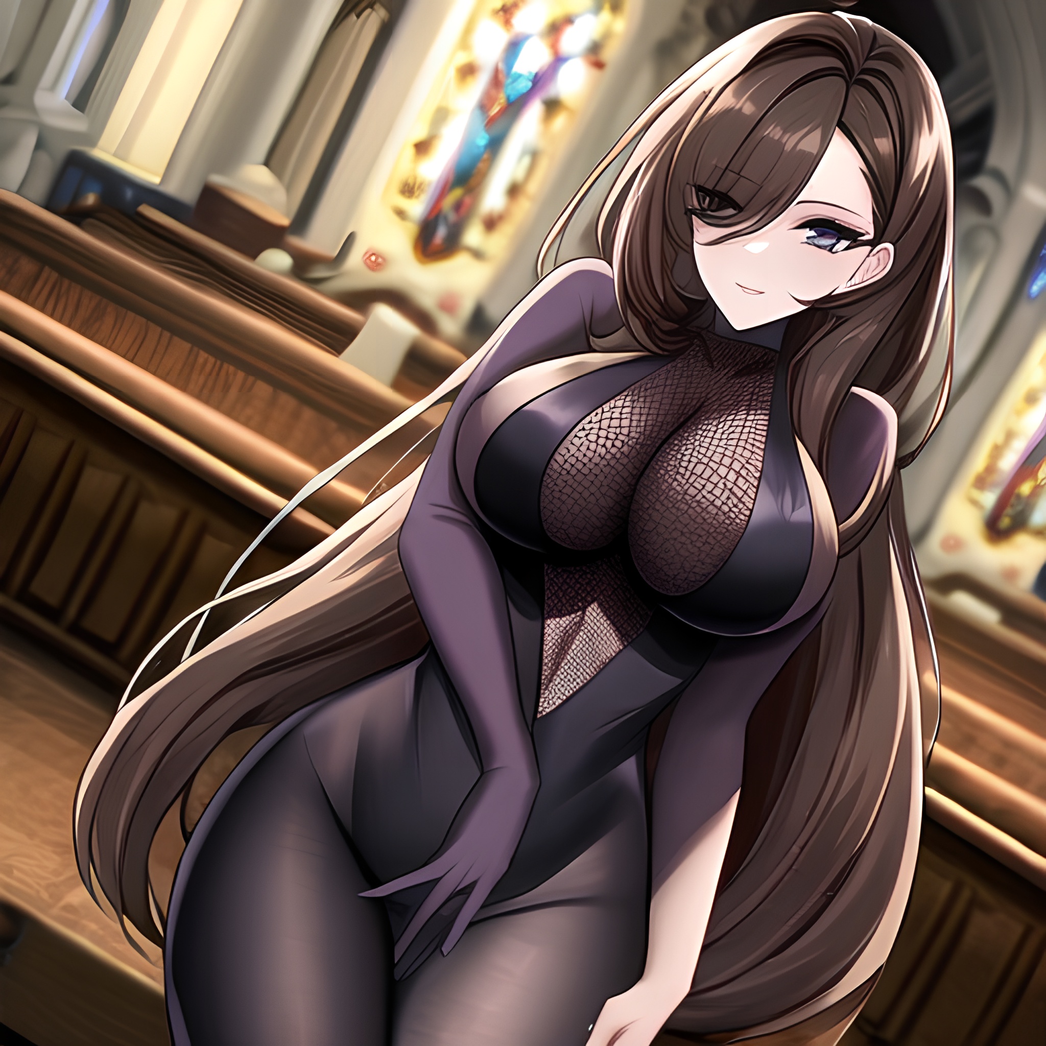long hair fishnet messy hair brunette church woman