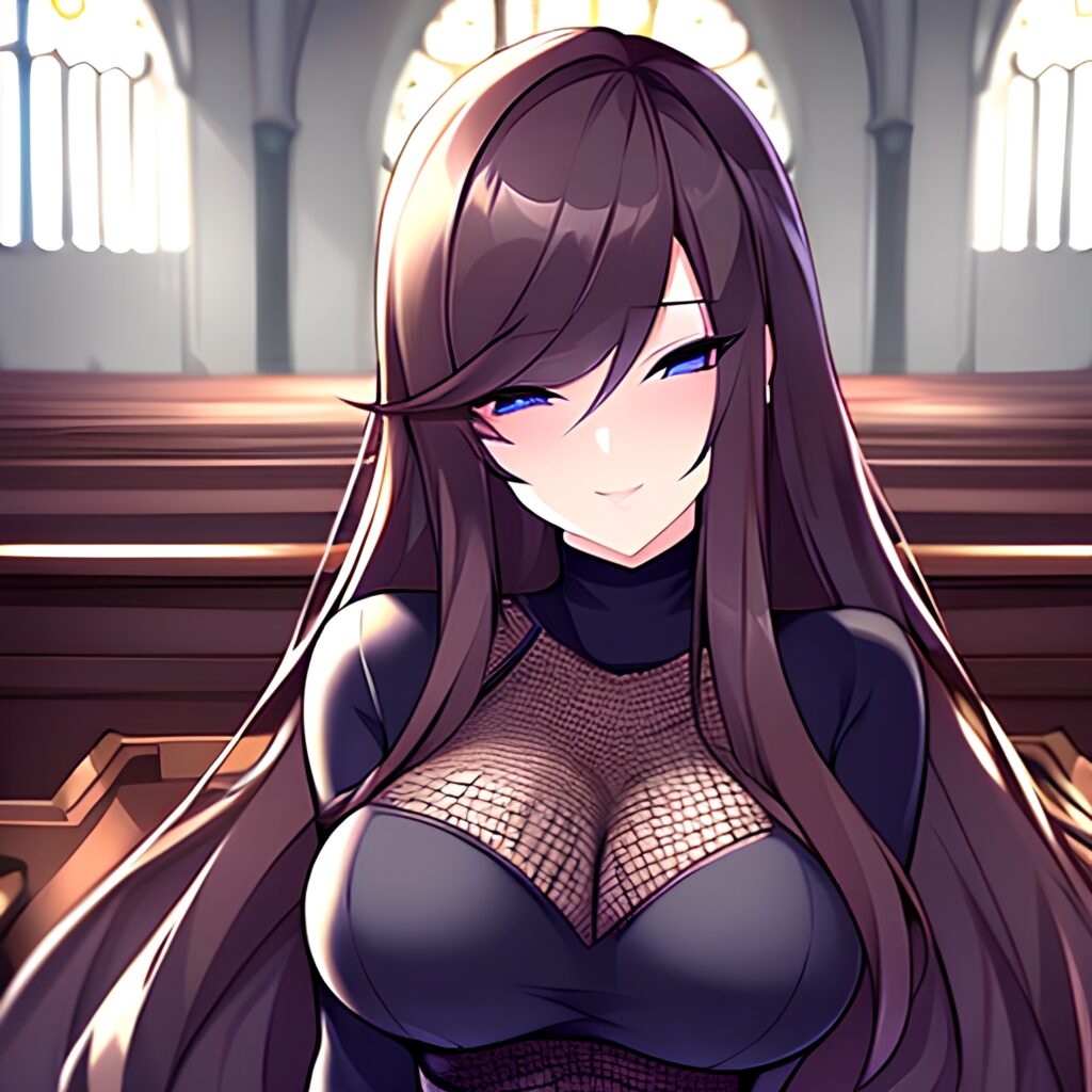 long hair fishnet messy hair brunette church woman 