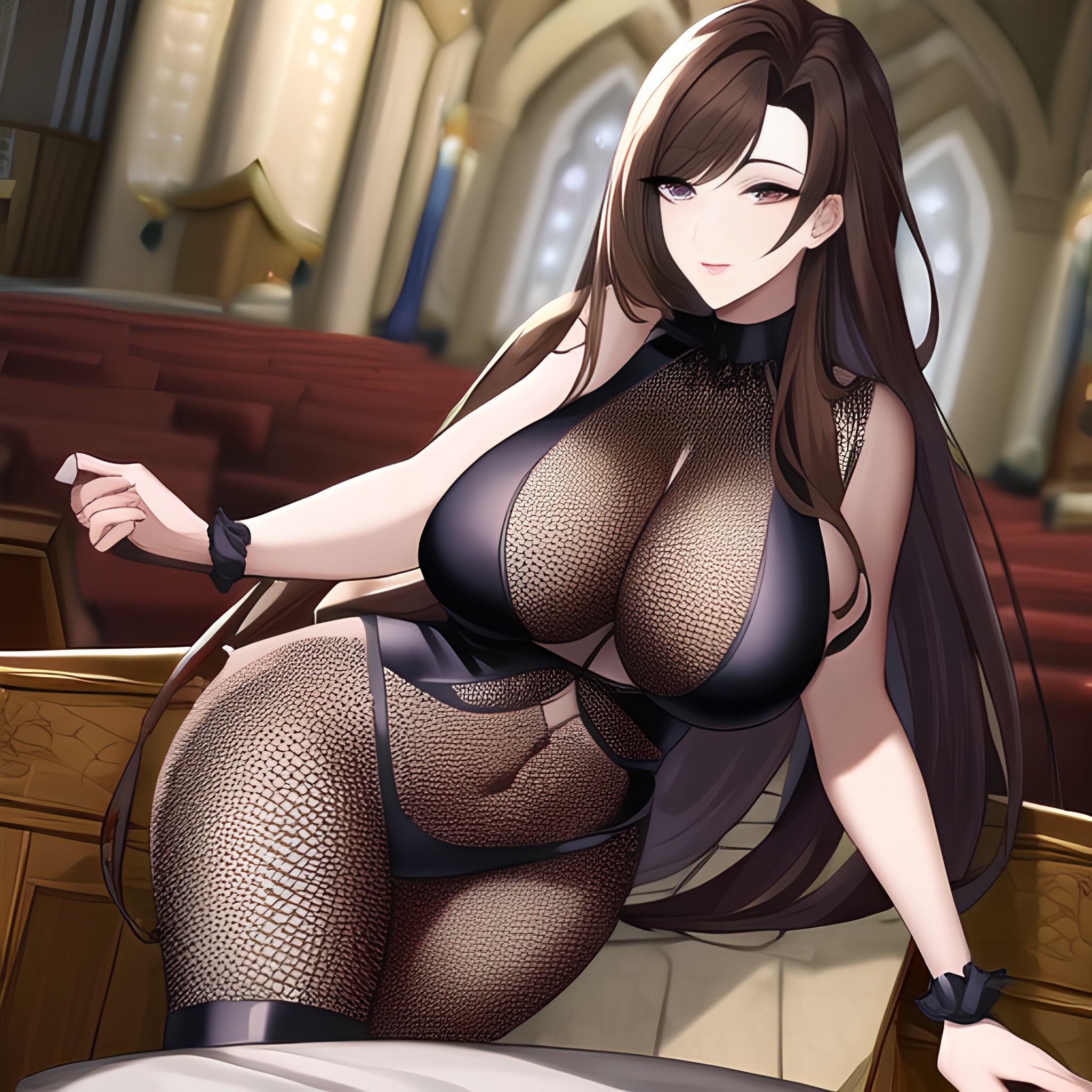 long hair fishnet messy hair church brunette woman 