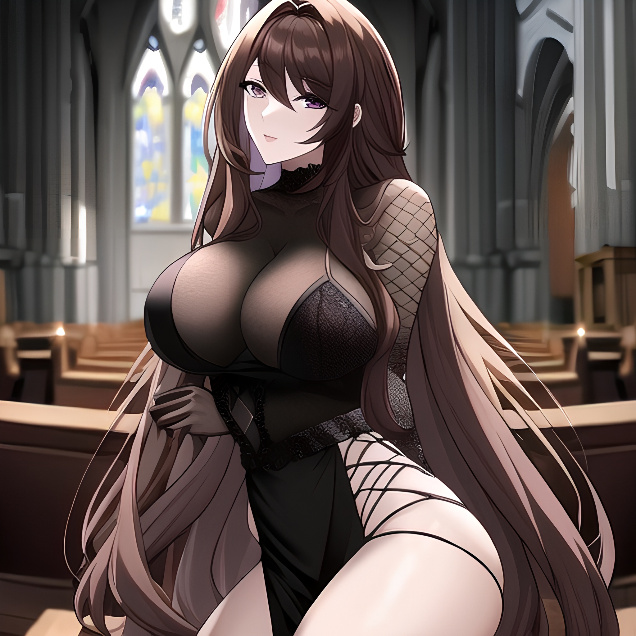 long hair fishnet messy hair woman church brunette
