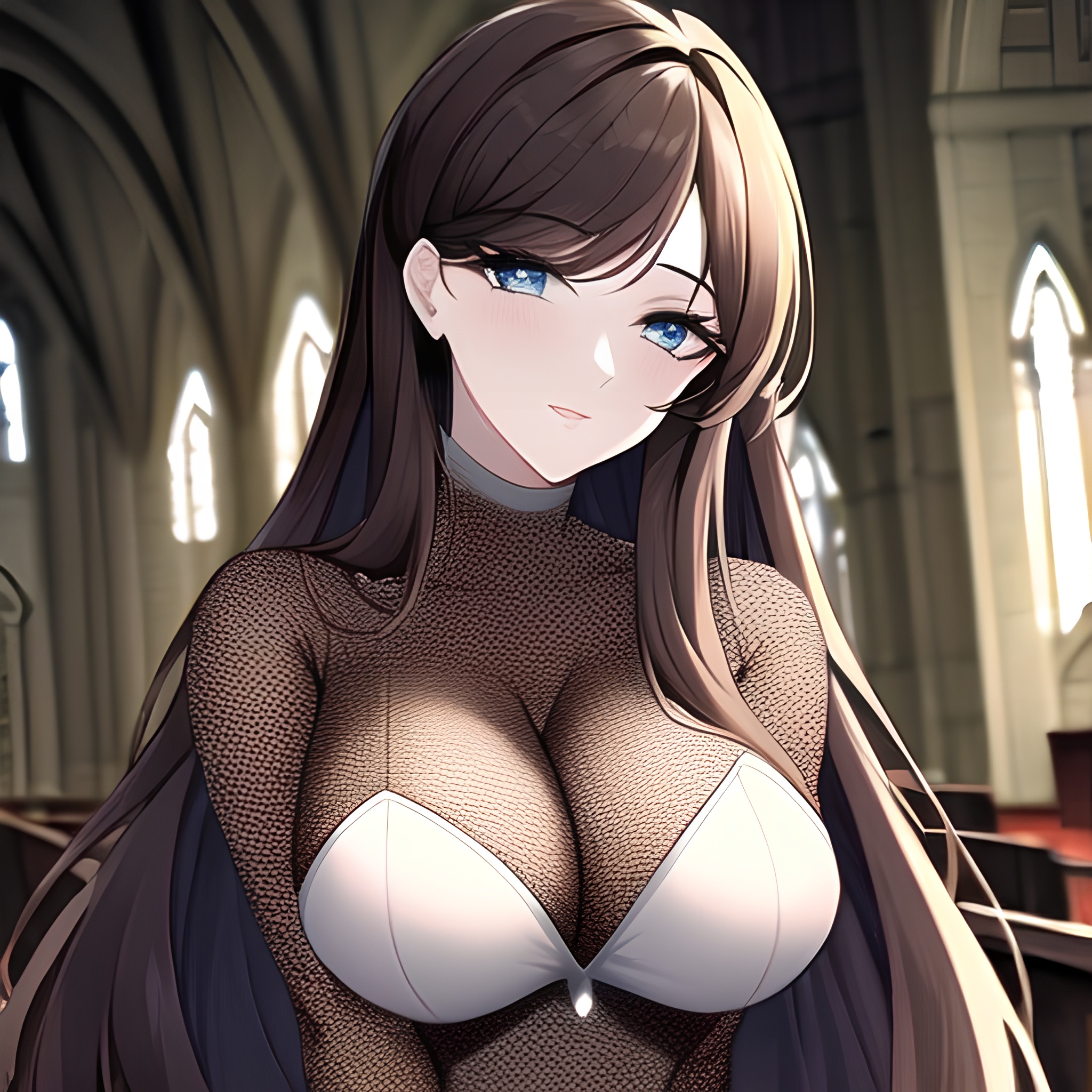 long hair fishnet woman brunette church messy hair 