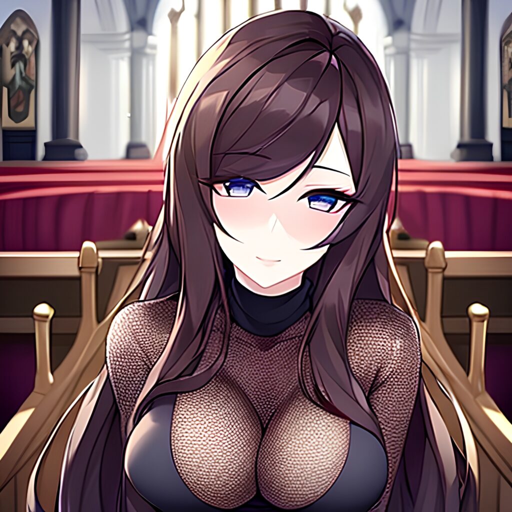long hair fishnet woman brunette church messy hair