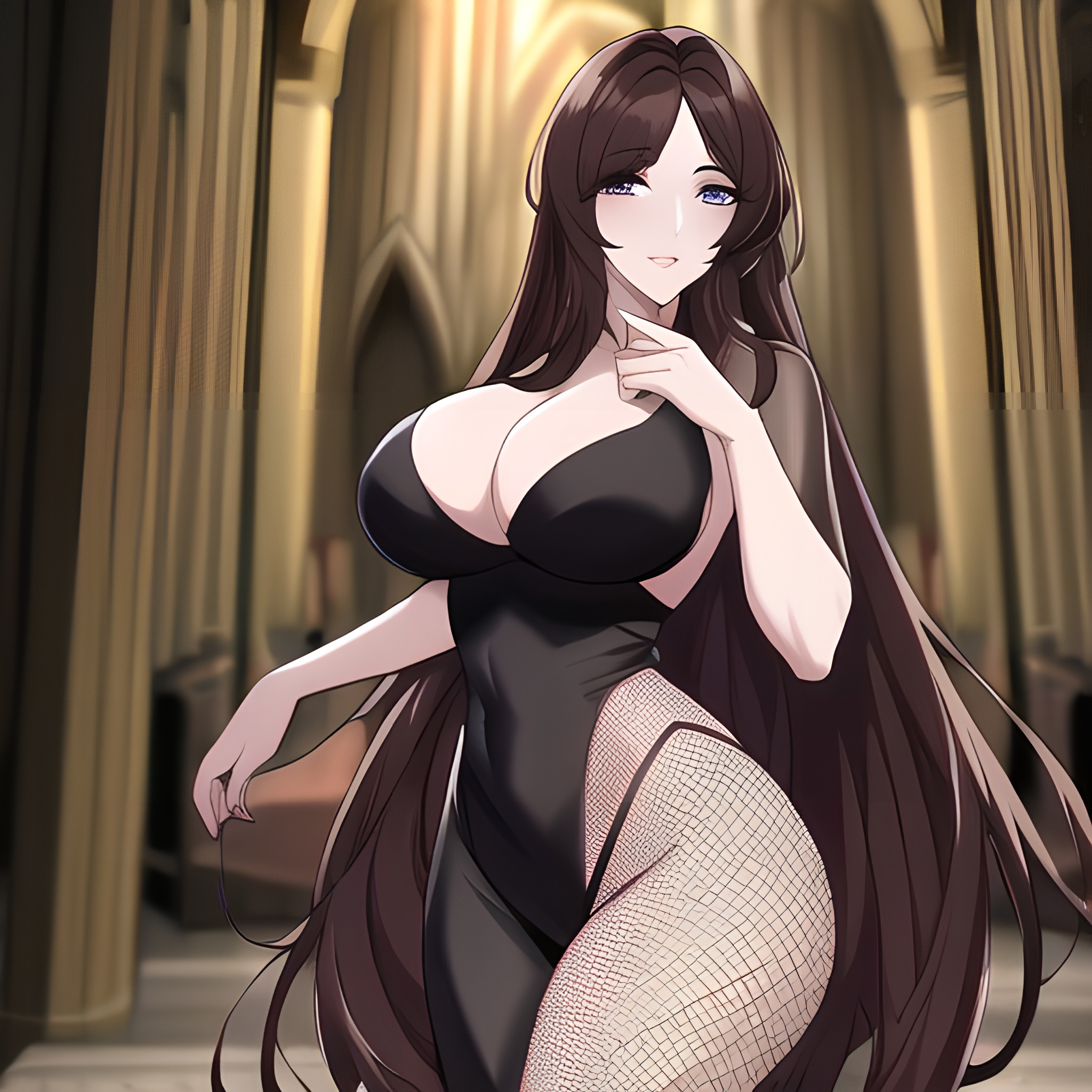 long hair fishnet woman brunette church messy hair 