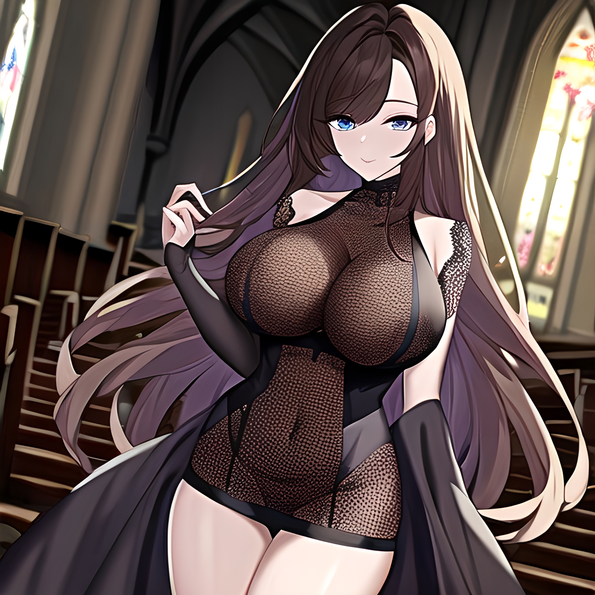 long hair fishnet woman brunette church messy hair 