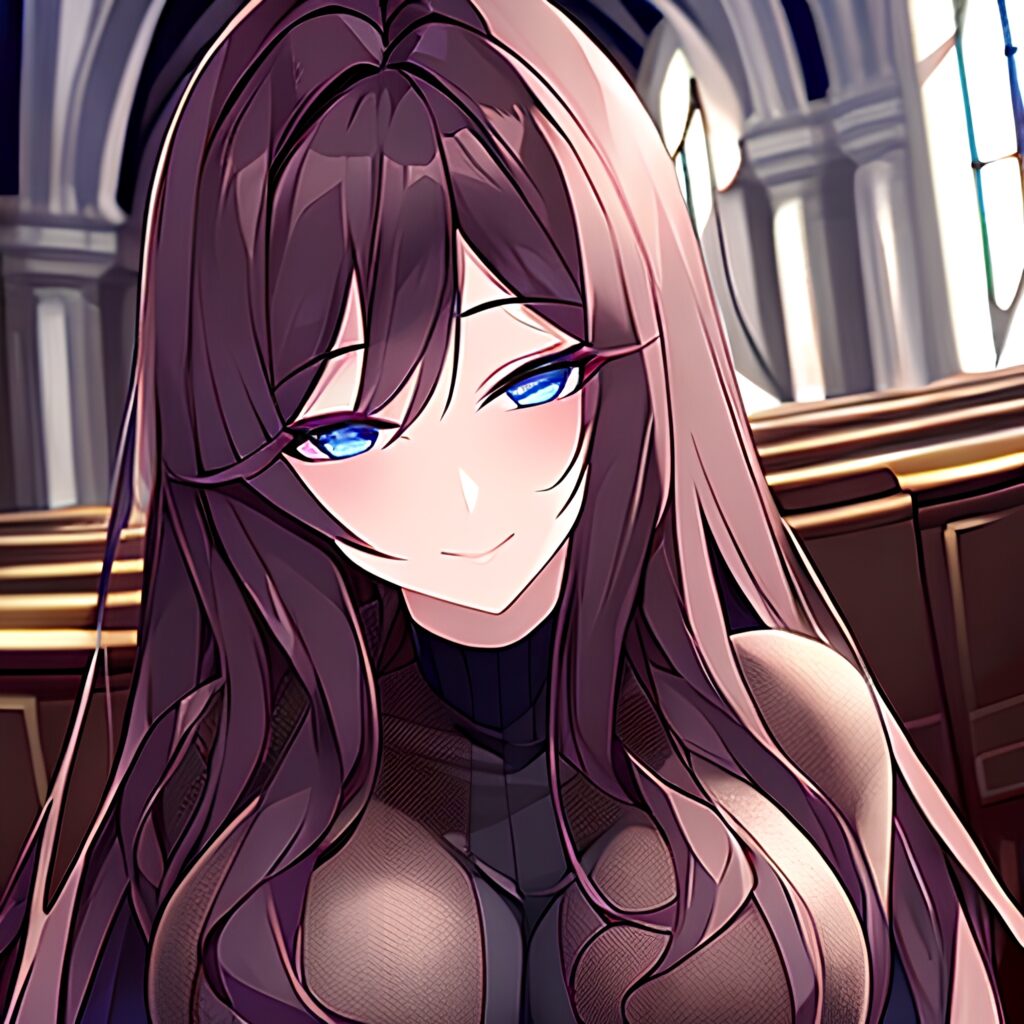 long hair fishnet woman brunette messy hair church 