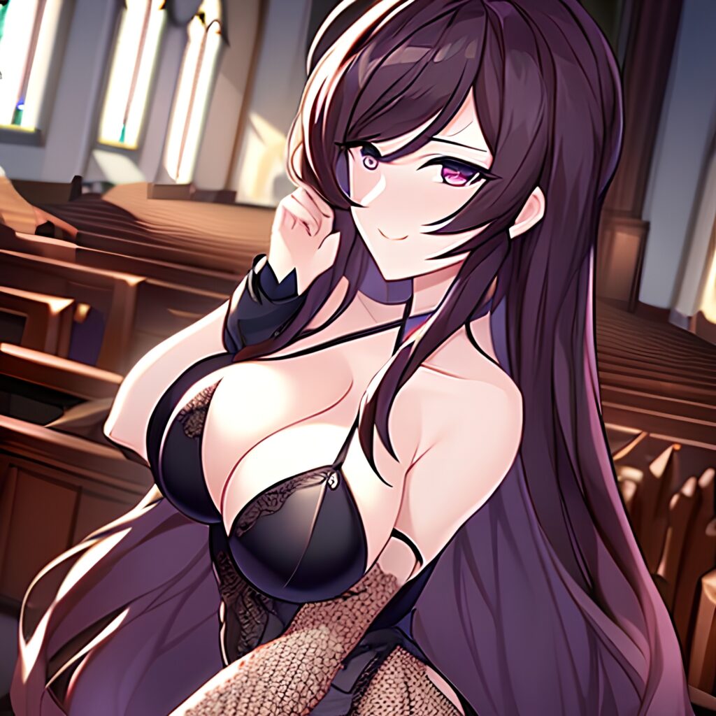 long hair fishnet woman brunette messy hair church