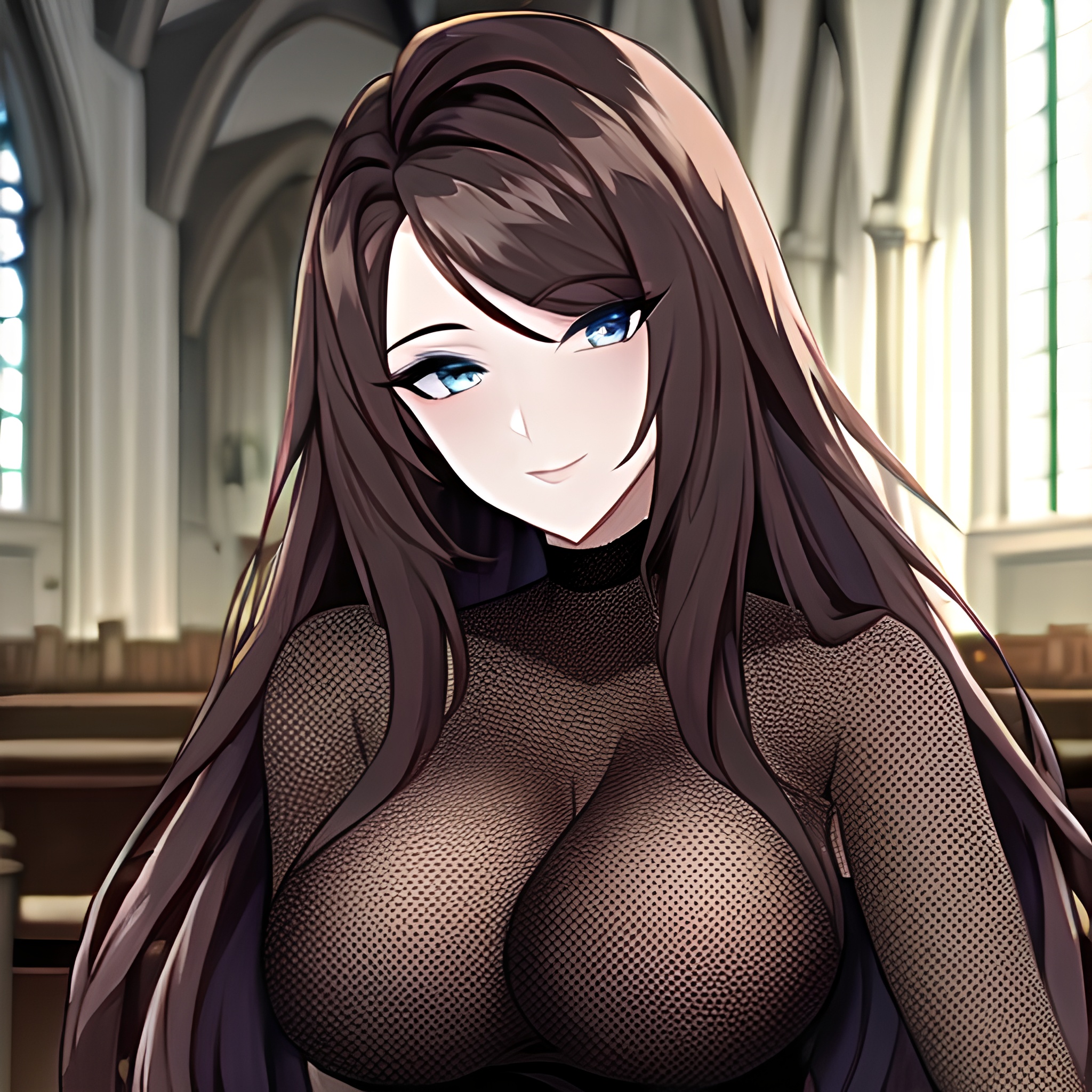 long hair fishnet woman church brunette messy hair 