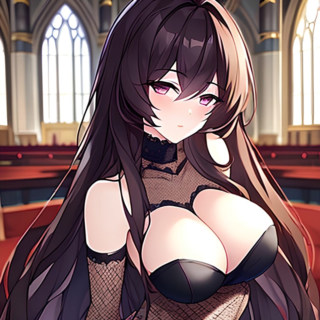 long hair fishnet woman church brunette messy hair