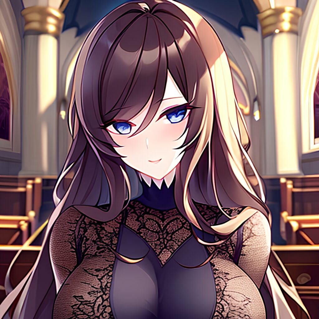 long hair fishnet woman church brunette messy hair 
