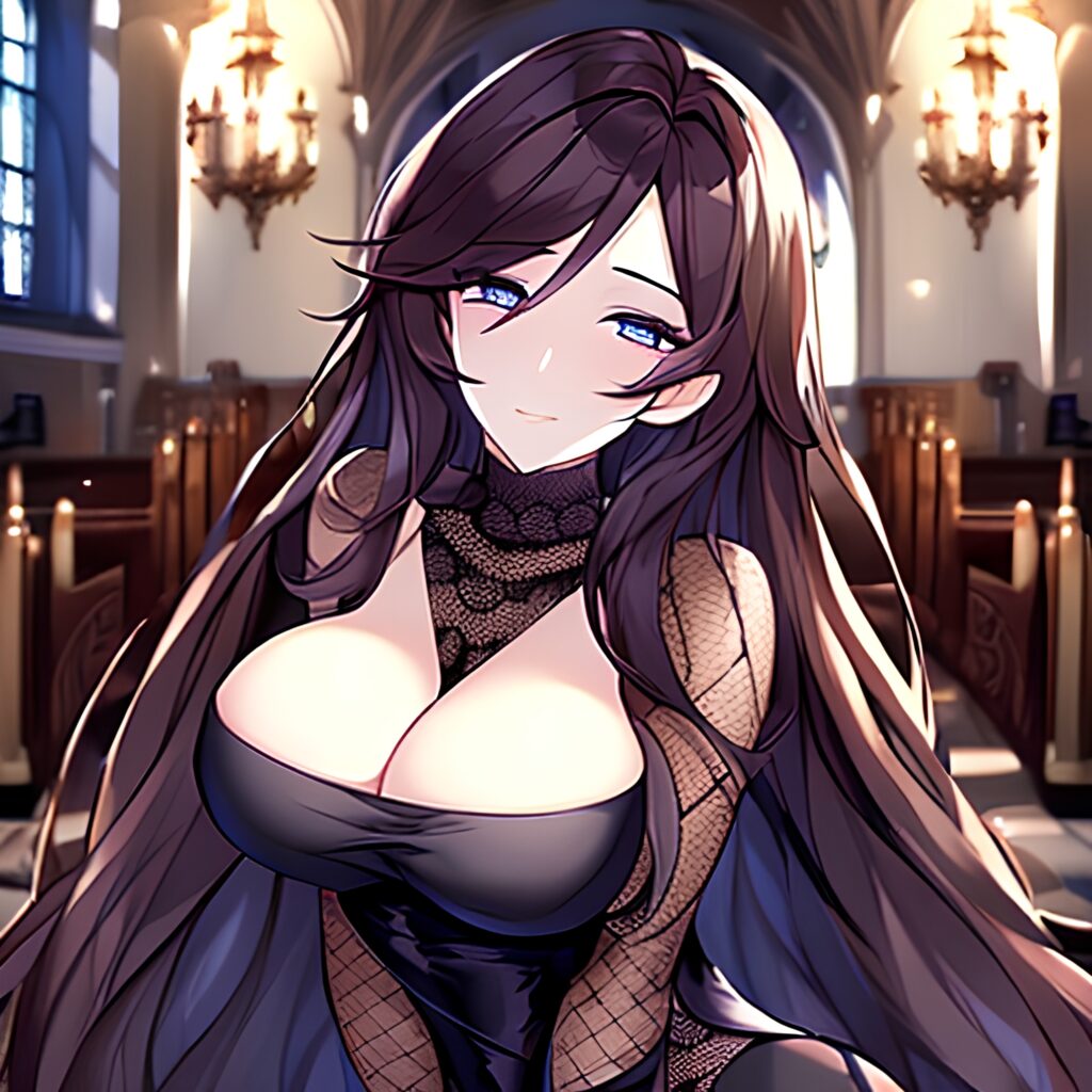 long hair fishnet woman church messy hair brunette 