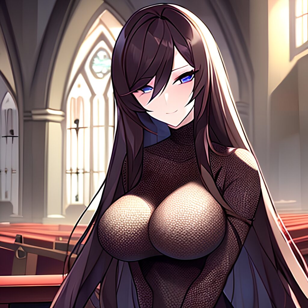 long hair fishnet woman church messy hair brunette 