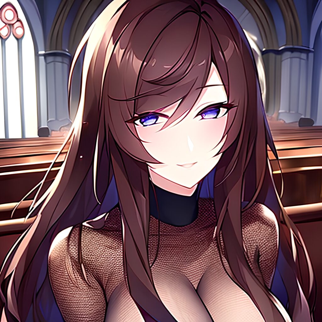 long hair fishnet woman church messy hair brunette