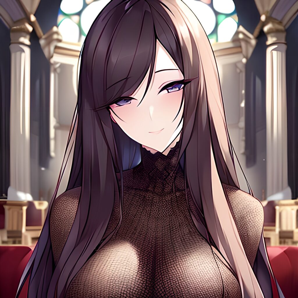 long hair fishnet woman church messy hair brunette
