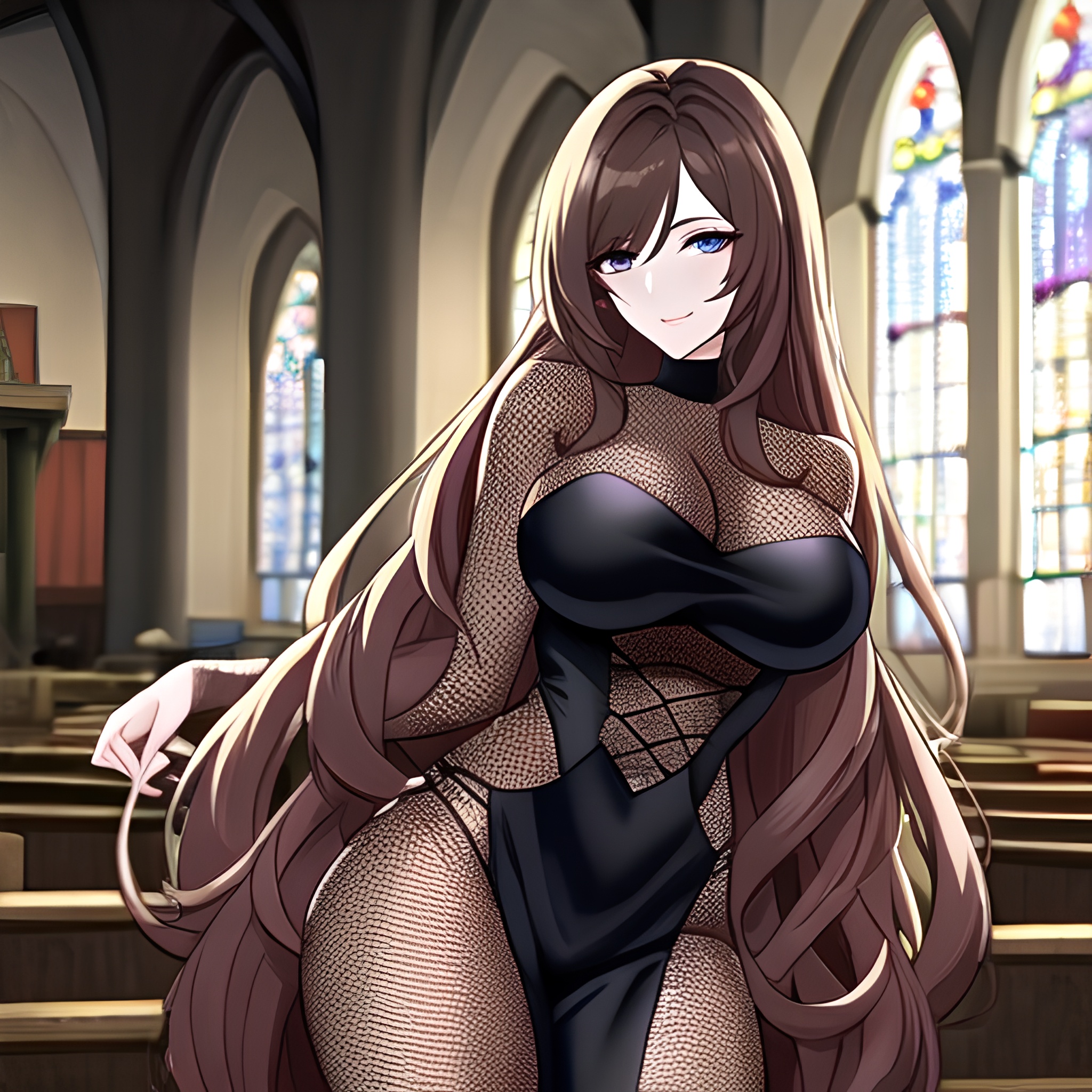 long hair fishnet woman church messy hair brunette 