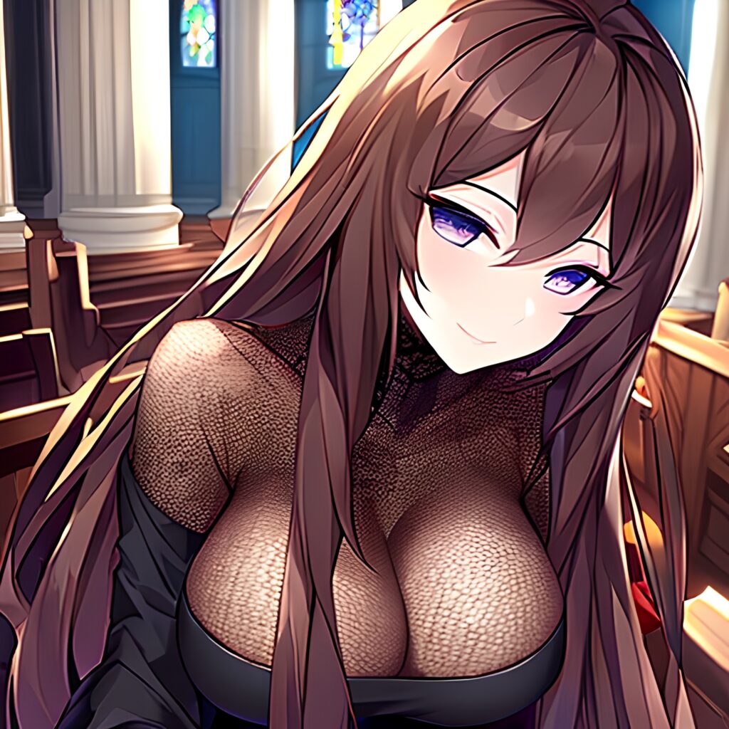 long hair fishnet woman church messy hair brunette
