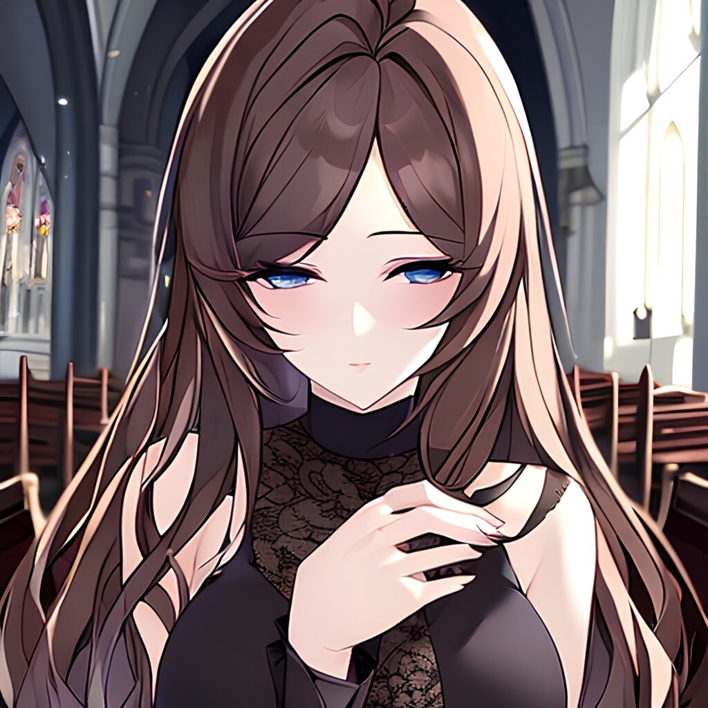 long hair fishnet woman church messy hair brunette
