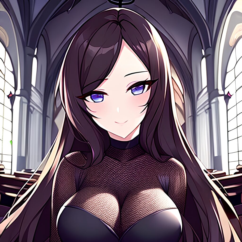 long hair fishnet woman church messy hair brunette