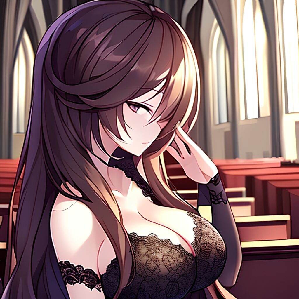 long hair fishnet woman church messy hair brunette