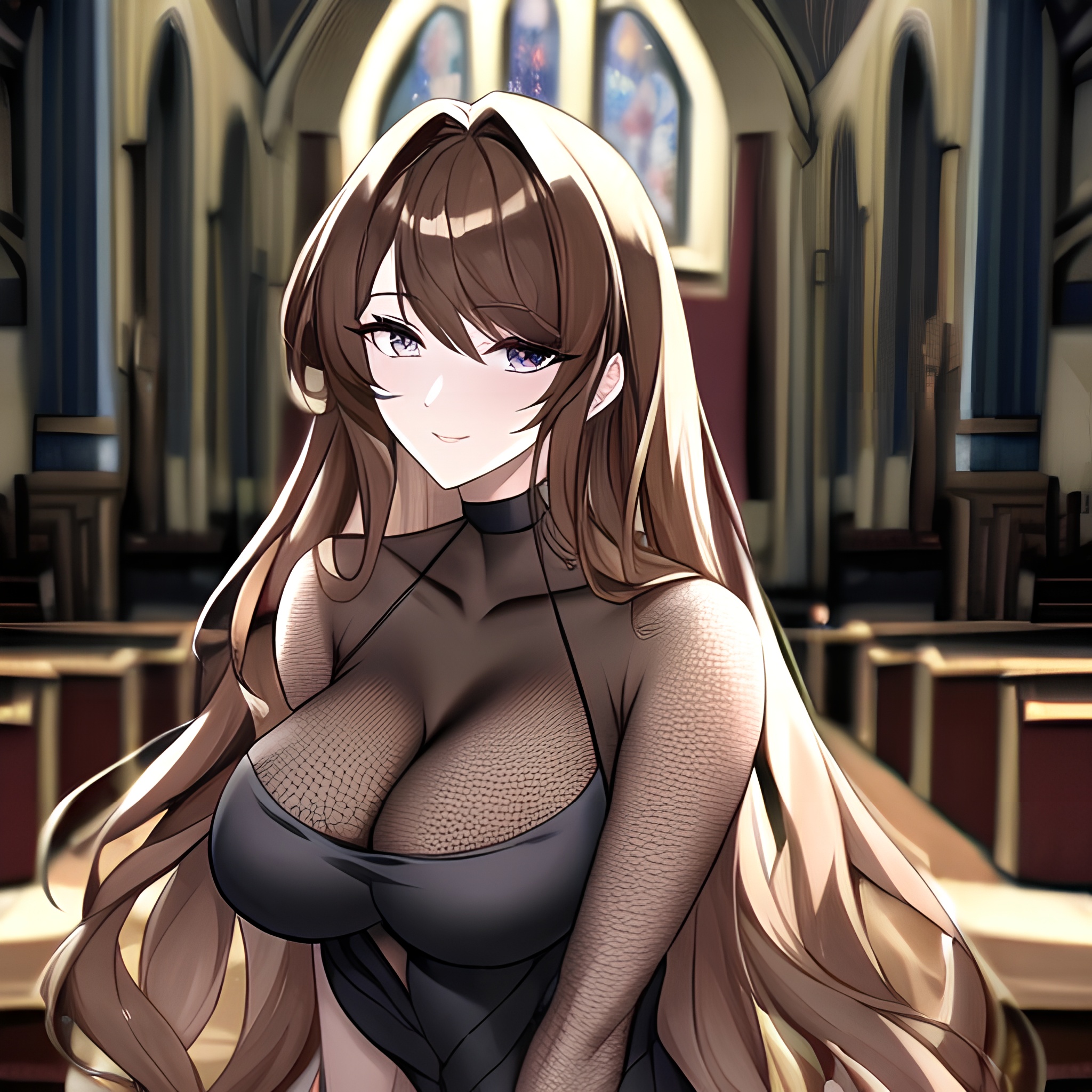 long hair fishnet woman church messy hair brunette 