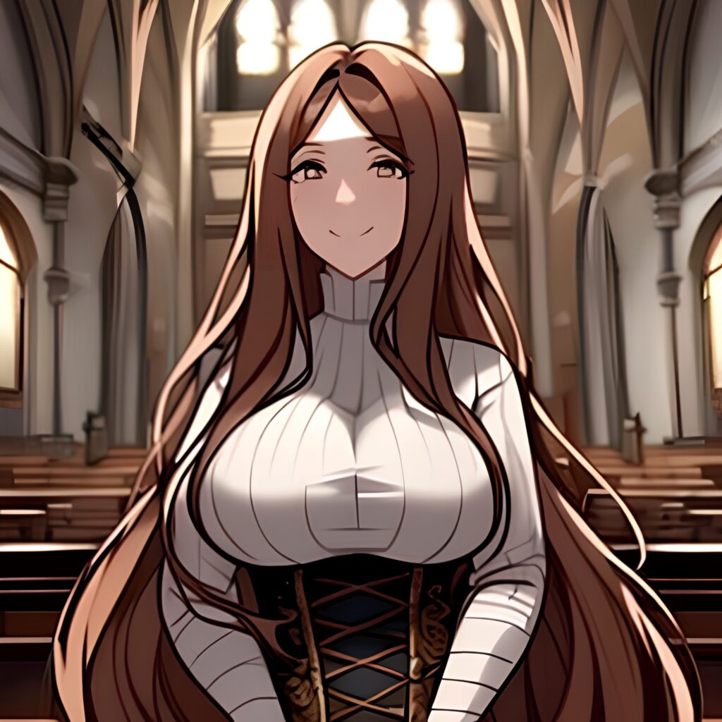 long hair fishnet woman messy hair brunette church