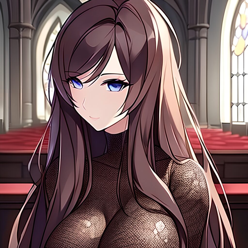 long hair fishnet woman messy hair brunette church 