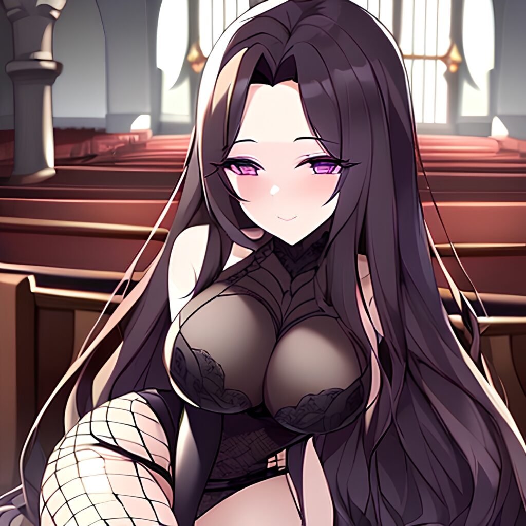 long hair fishnet woman messy hair brunette church