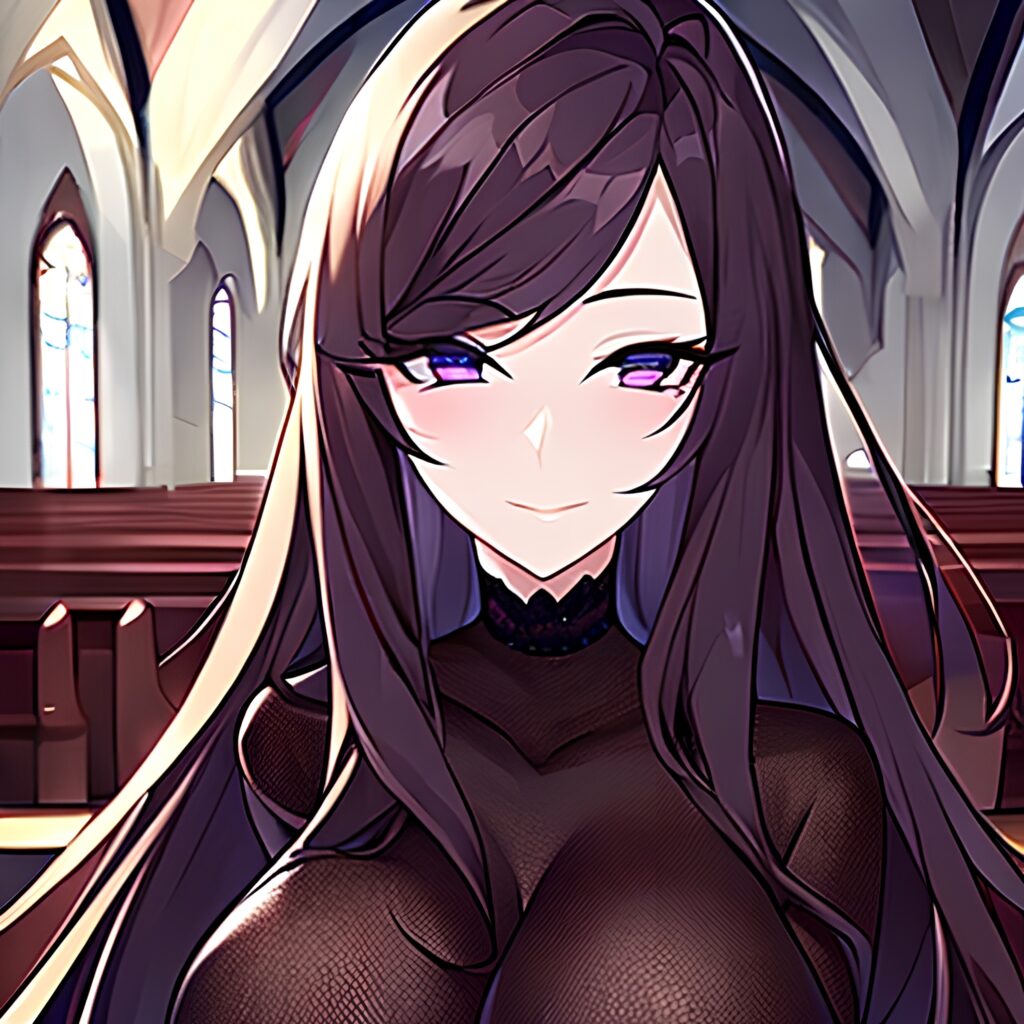 long hair fishnet woman messy hair brunette church