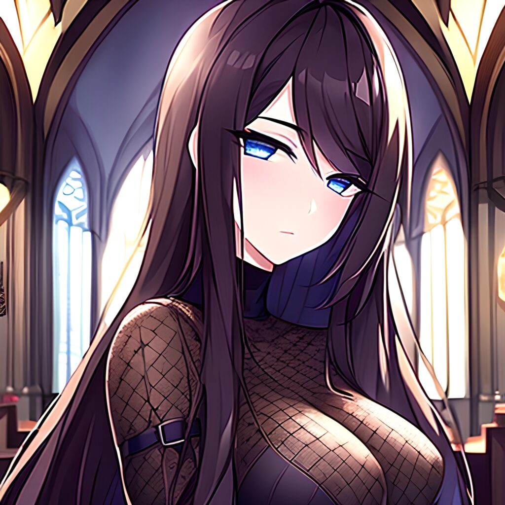 long hair fishnet woman messy hair brunette church