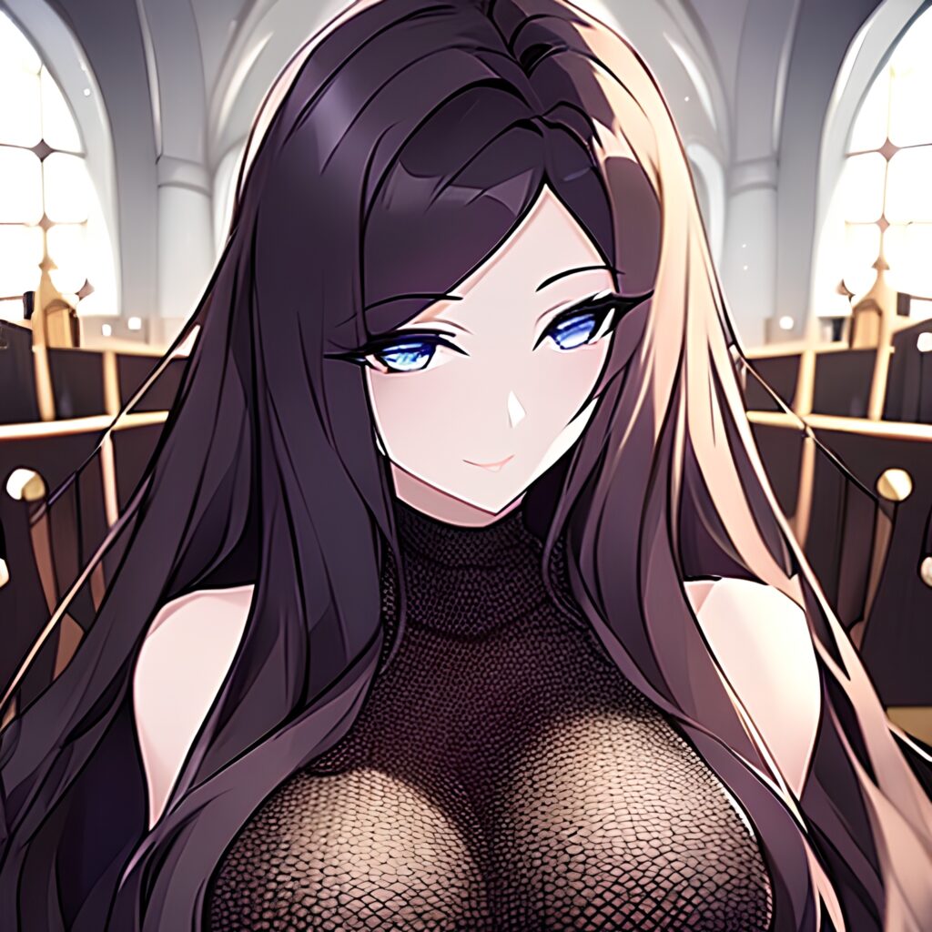 long hair fishnet woman messy hair brunette church