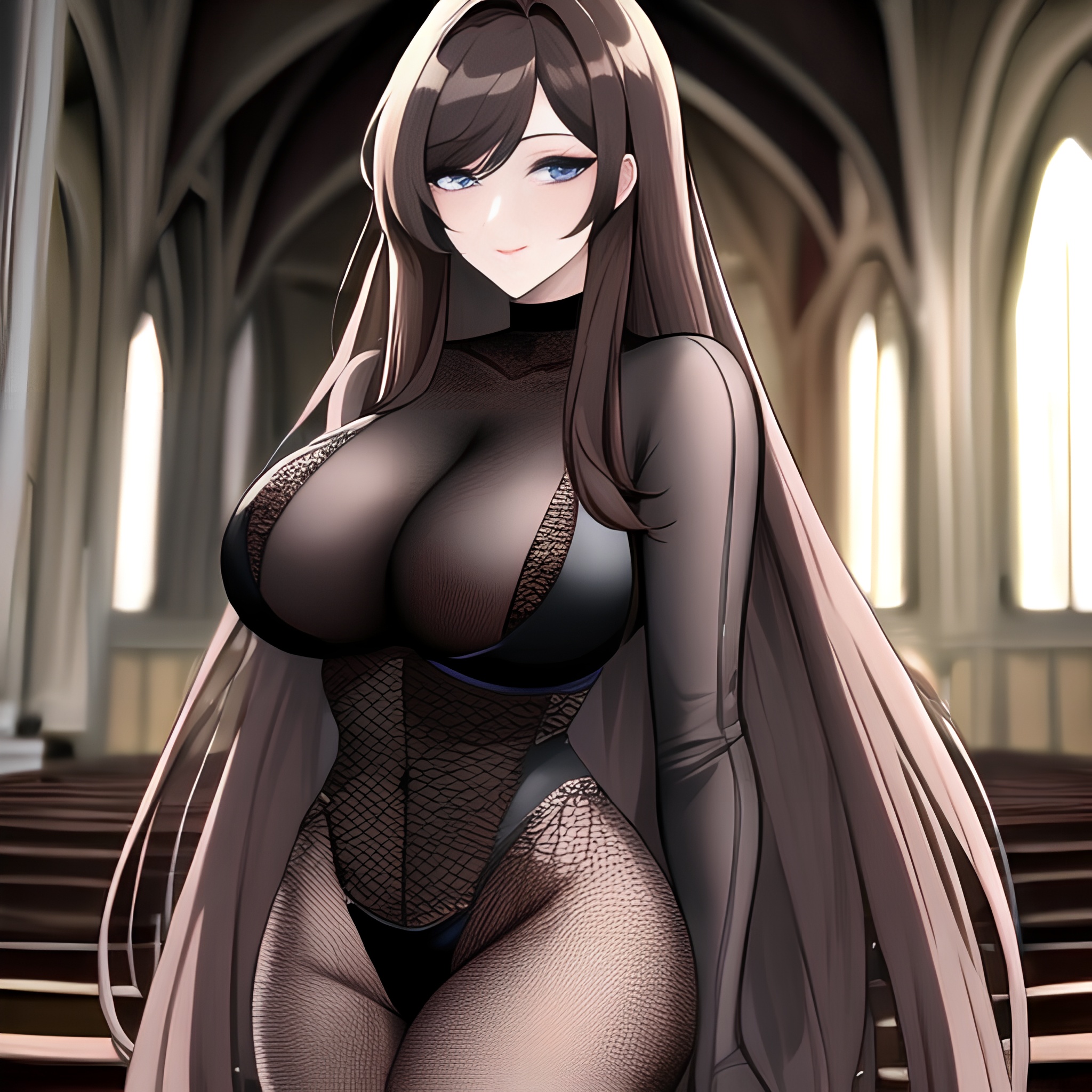 long hair fishnet woman messy hair church brunette