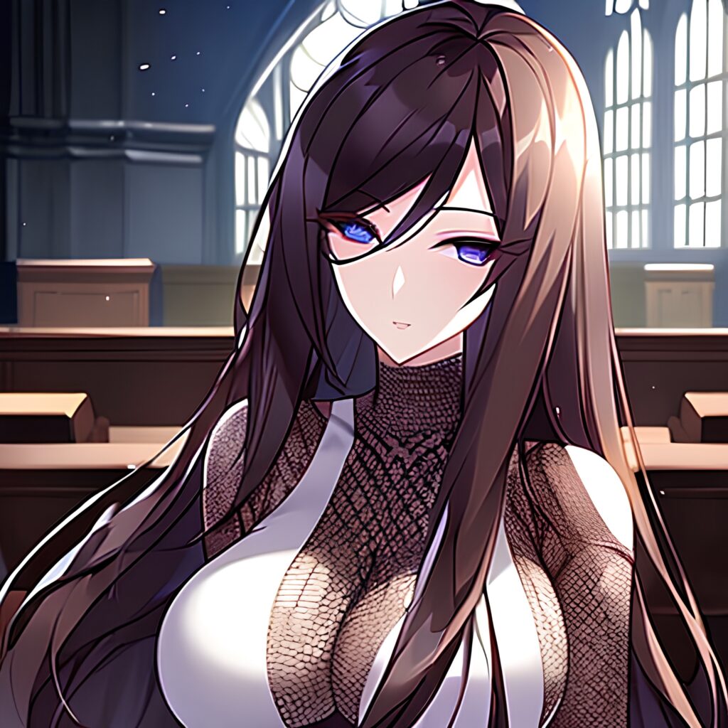 long hair fishnet woman messy hair church brunette 