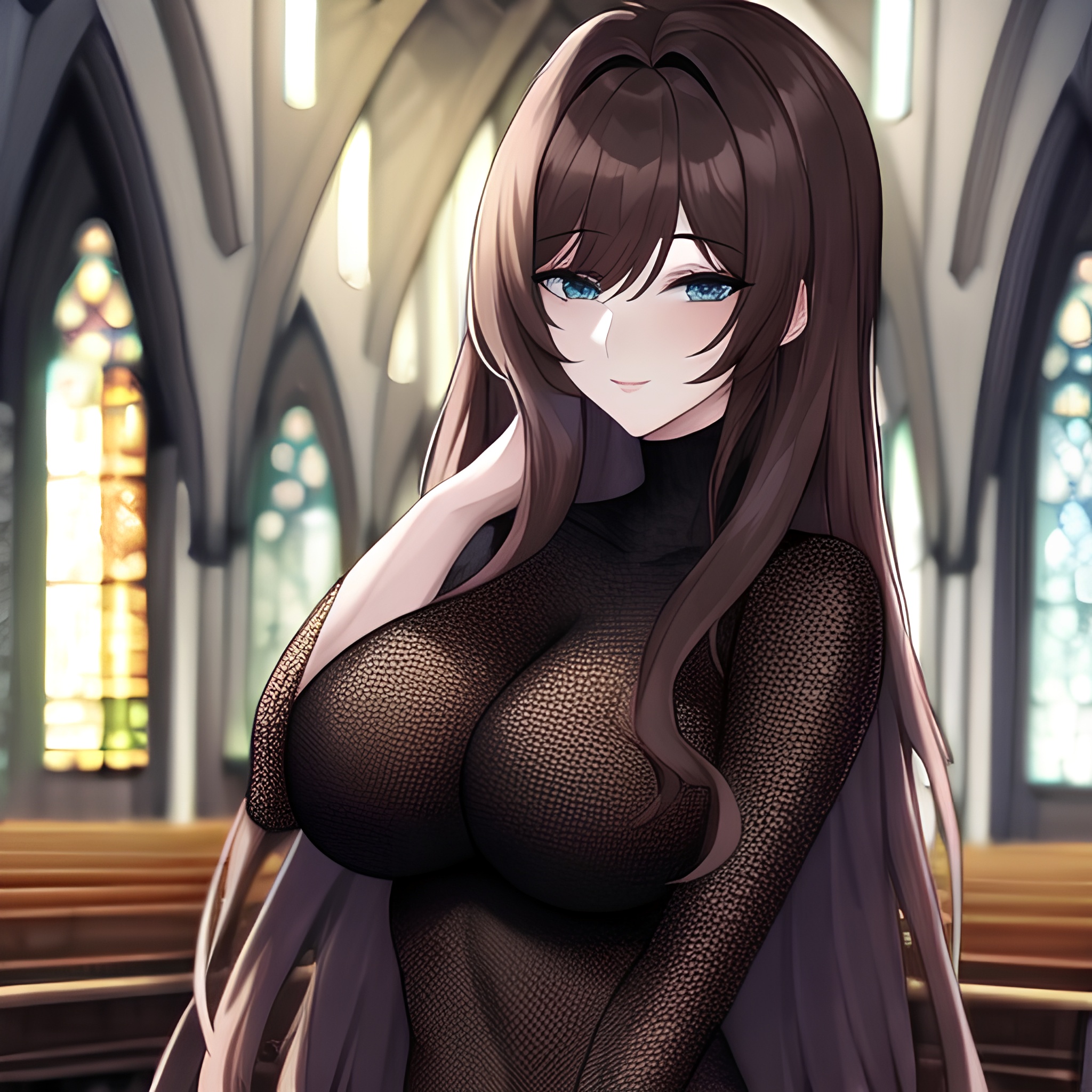 long hair messy hair brunette church fishnet woman